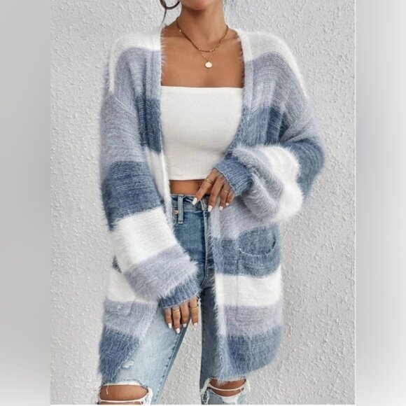 Sweaters - Blue Drop Shoulder Open Front Fluffy Knit Cardigan